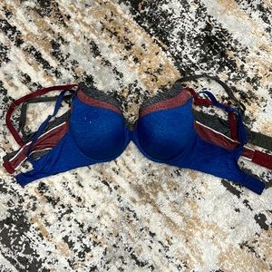 Three Lightly Used VS Uplift Semi Demi Bras - 36D Gray Blue and Red.